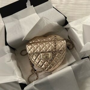 CHANEL Metallic Gold Quilted Heart Crossbody Bag